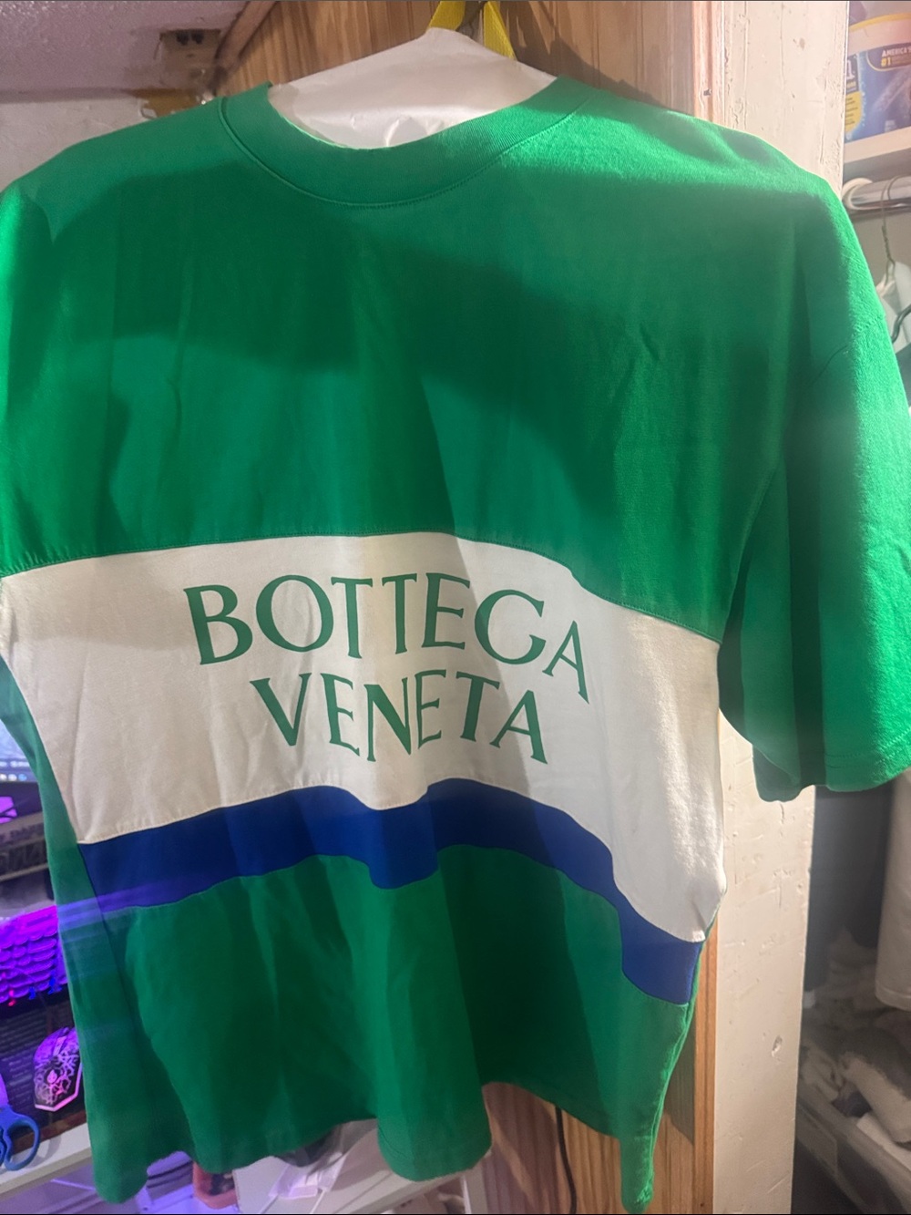Bottega Veneta Green White and Blue Logo Wave Short Sleeve Tee